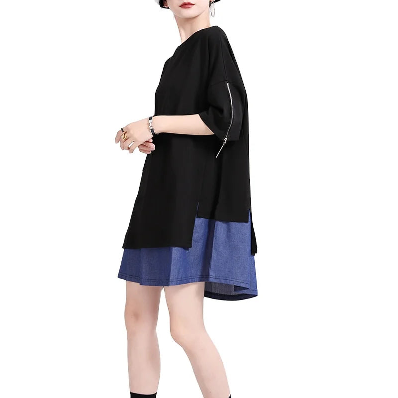 2021 New Small Girl   T-shirt Stitching Denim Dress Street Design Round  Neck Short Sleeve Dress Women 2009