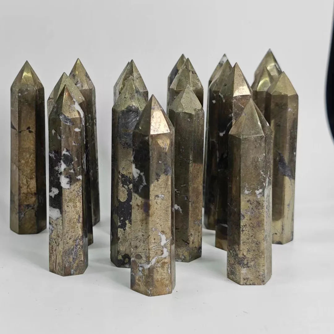 High Quality Natural Crystal Pyrite Point Wand Carved Diamond Shape Feng Shui Model for Love and Healing for Home Decoration