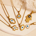 Wholesale Bulk Stainless Steel Charm Round Hamsa Fatima Hand Cross Pendant Woman Blue Enamel Turkish Devil Eye Necklace Jewelry