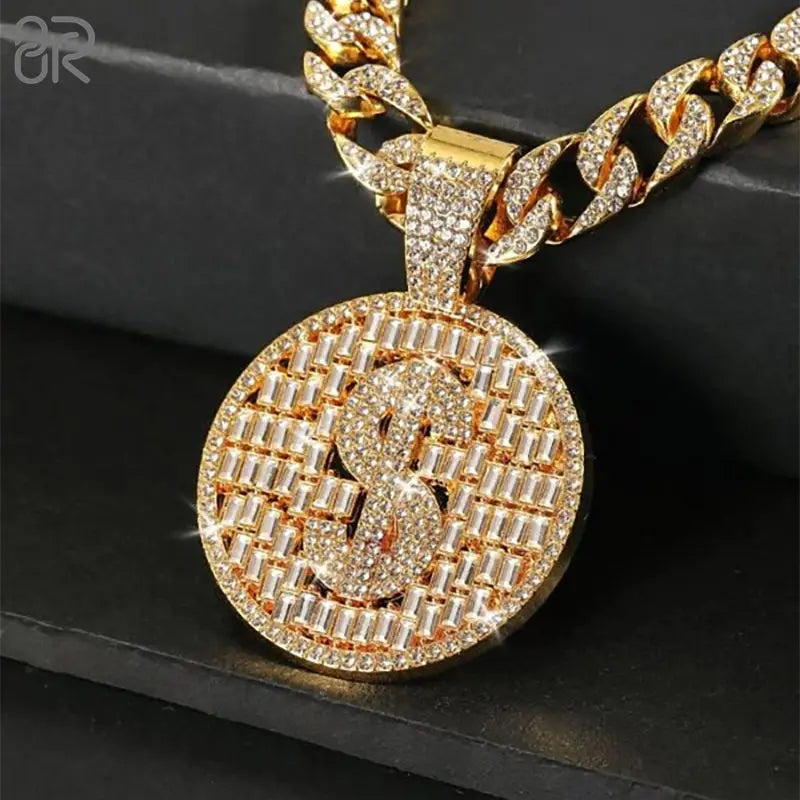 10k Gold Moissanite Currency Sign Logo Pendant Classic Ice Out Baguette Pure Gold Pendant Fine Jewelry