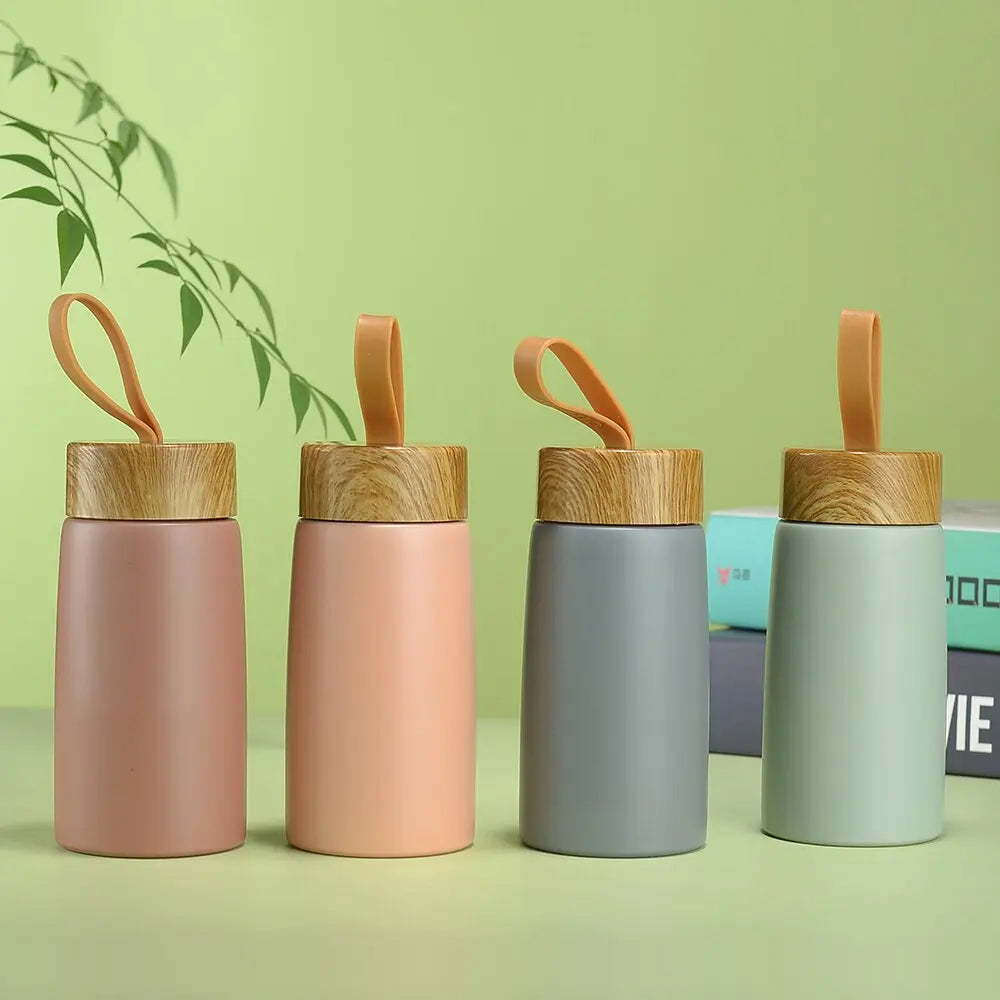 BORGE 280ml Wood Grain Double Wall Stainless Steel Flask Vacuum Insulated Water Drinking Bottle With Rope Lid
