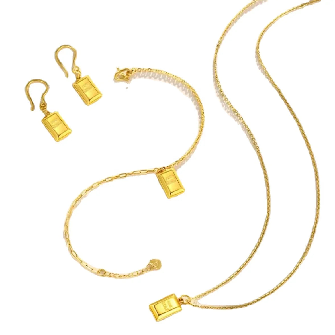 Gold  Gold-Plated Men'S and Women'S Rich Bracelet Gold Couple  Necklace Pendant Ear Stud Jewelry Three-Piece Set