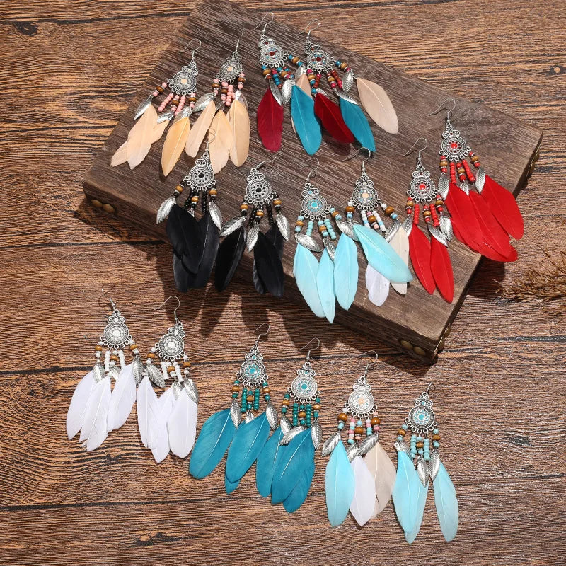 Wholesale Retro Bohemian Peacock Feather Earrings Hook Ethic Multicolor Seed Beads Tassel Feather Earrings for Women