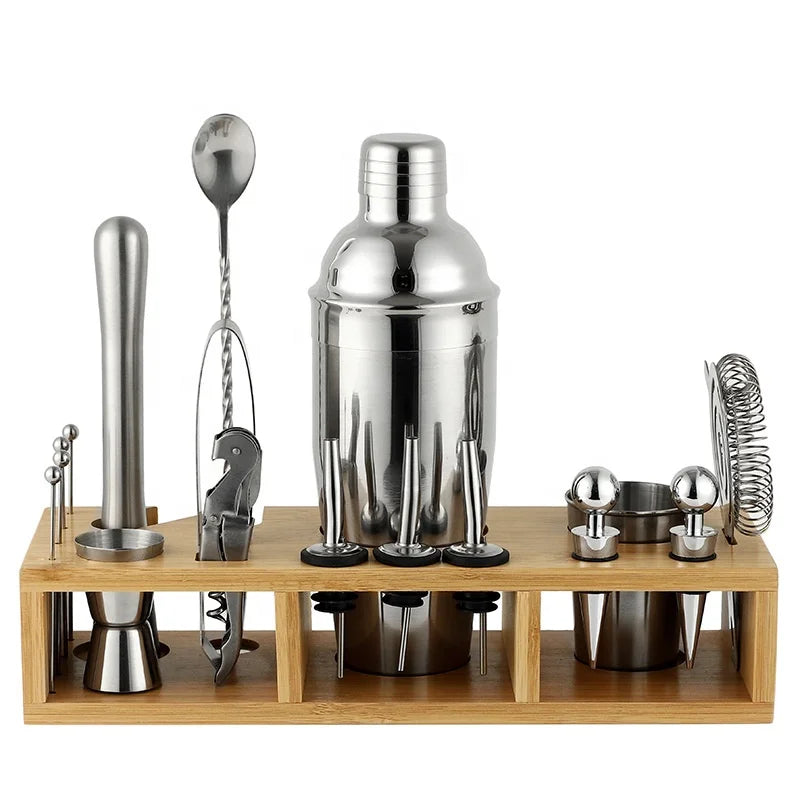 18-Piece Stainless Steel Bartender Kit Professional Cocktail Shaker Set Bamboo Stand Food Safe Eco-Friendly Bar Tools Metal