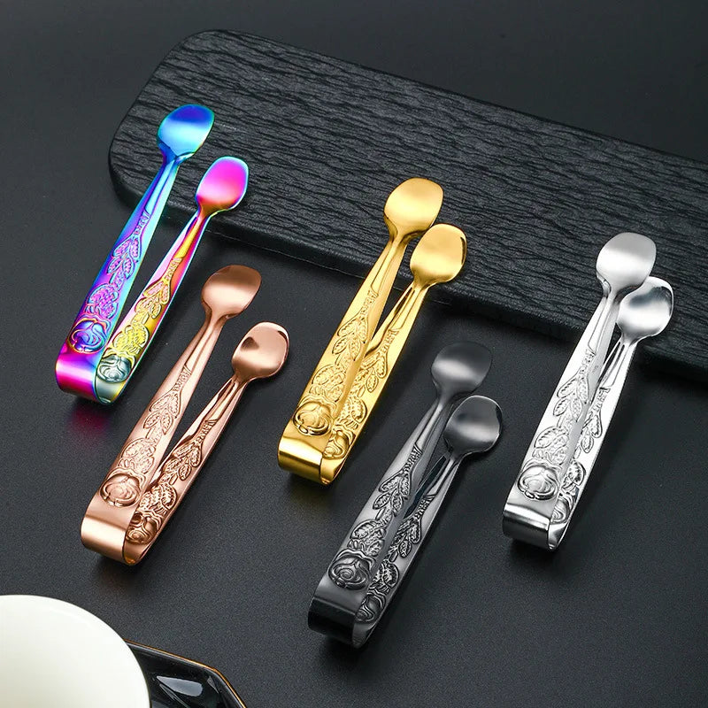 Rose Pattern Mini Barbecue Food Clip Tongs Retro Rose Embossed Stainless Steel Ice Square Clip Sugar Tongs Food Clip