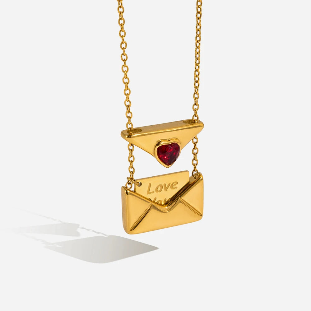 J&D Minimalist Detachable Envelope Love Heart Pendant Necklace Stainless Steel  Red CZ Inlaid Valentine's Day Gift for Women
