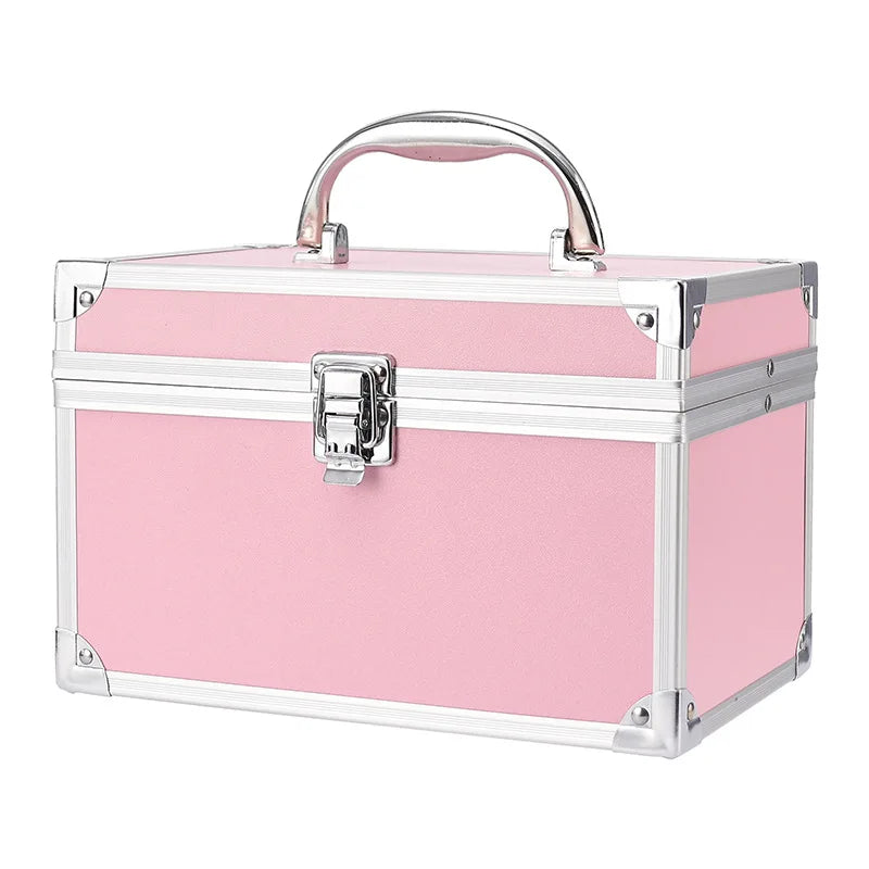 Professional Beauty Cosmetic Case with Open Closure Aluminum Makeup Train Organizer Box with Thread Pattern Makeup Storage