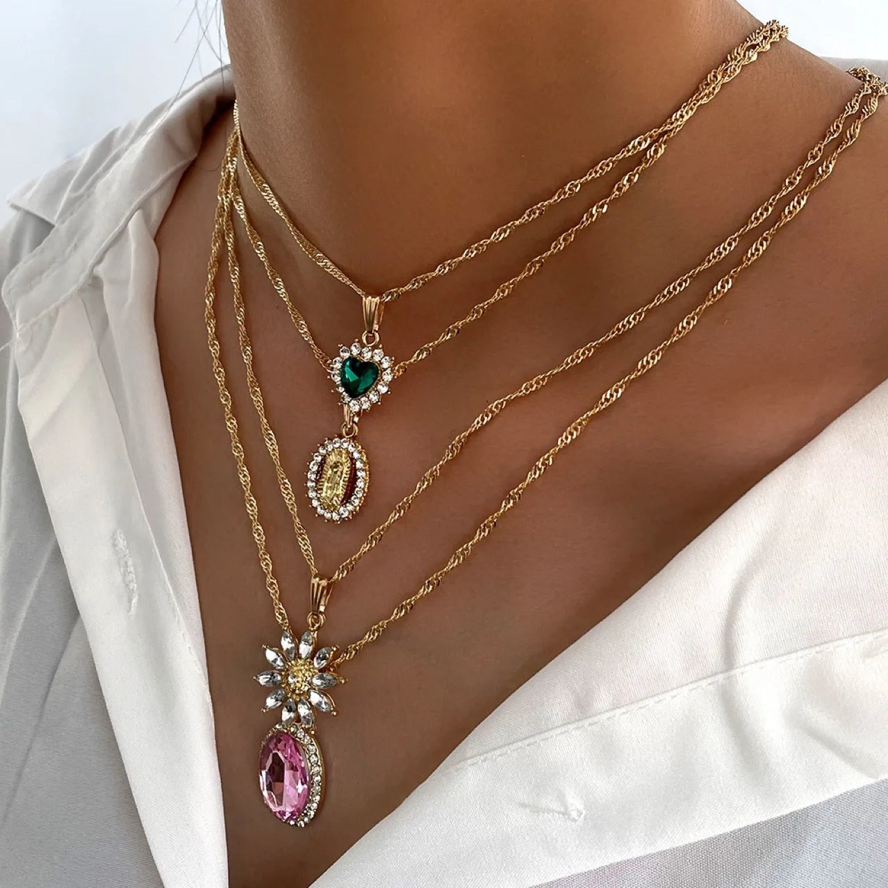 Dainty Jewelry Stainless Steel Colorful pink Zirconia PVD Plated Heart Charm Pendant Necklace