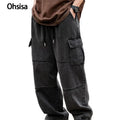 Ohsisa Men's Cargo Pants Multi-Pocket Elastic Waist Heavyweight Canvas Heavy-Duty Loose Fit Women's Pantalon Homme