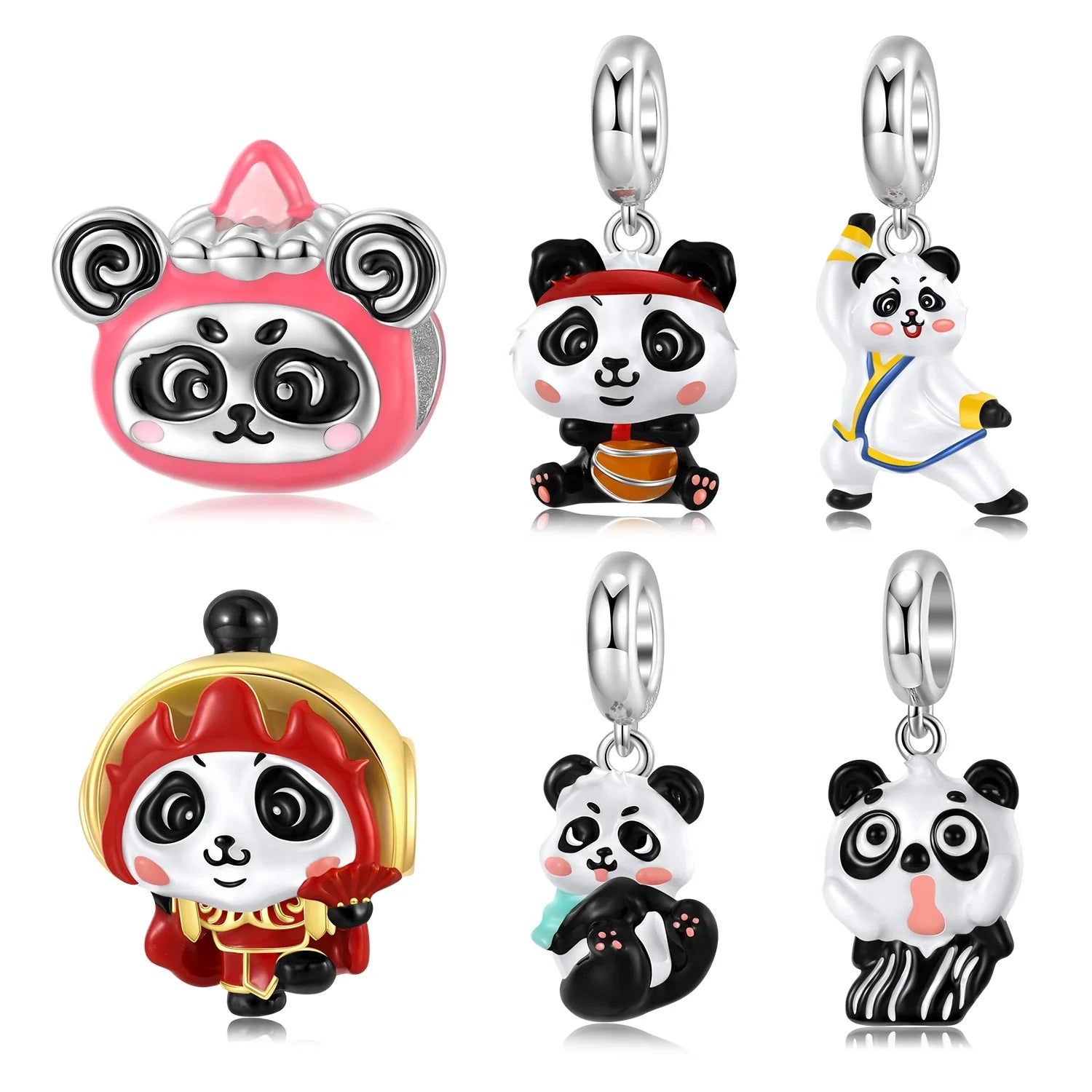 Lovely Basketball Kung Fu Panda Cartoon Charm Real 925 Sterling Silver Animal Enamel Beads Fit Original Snake Bracelet Women