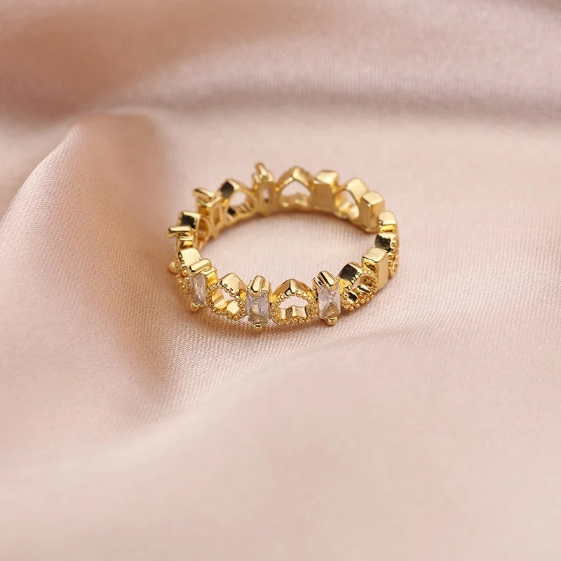 Stainless Steel Real 18K Gold Plated Zircon Heart Resizable Ring Hollow Heart Open Finger Rings
