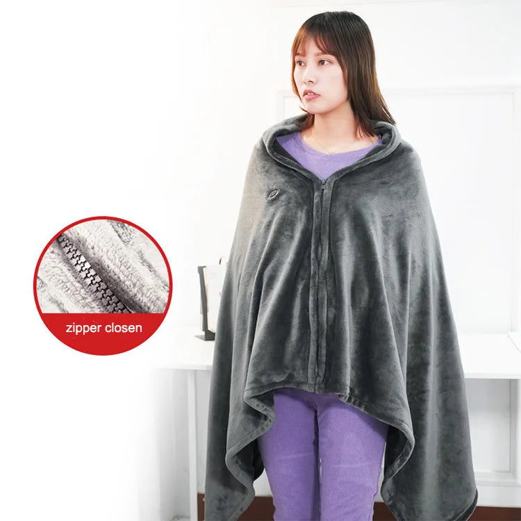 Wearable Coral Fleece Wrap 5V USB Heating Shawl Grey Poncho Throw Blanket for Women Power Bank NOT Included