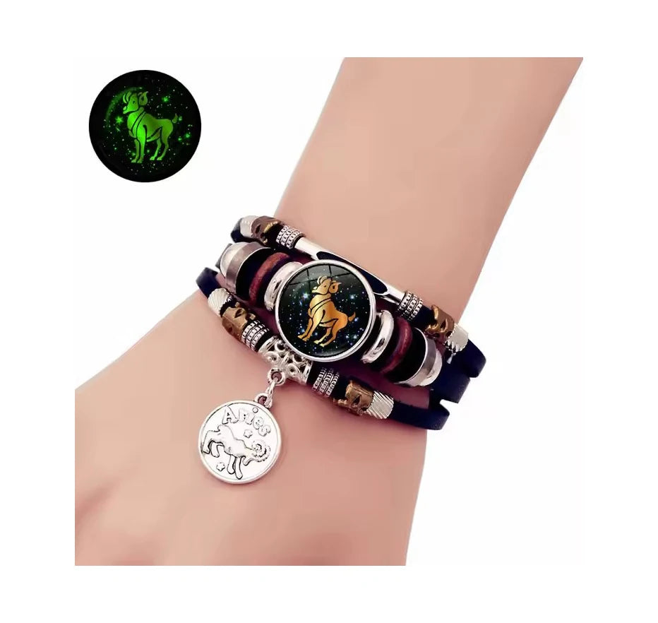 Wholesale Zodiac Signs Handmade Multilayer Braided Leather Bracelet 12 Horoscopes Luminous Glowing Bracelet for Couple