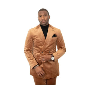 Brown Velvet Men Suit 2 Pieces Double Breasted Peaked Lapel Blazer Pants Formal Wedding Groom Work Dress