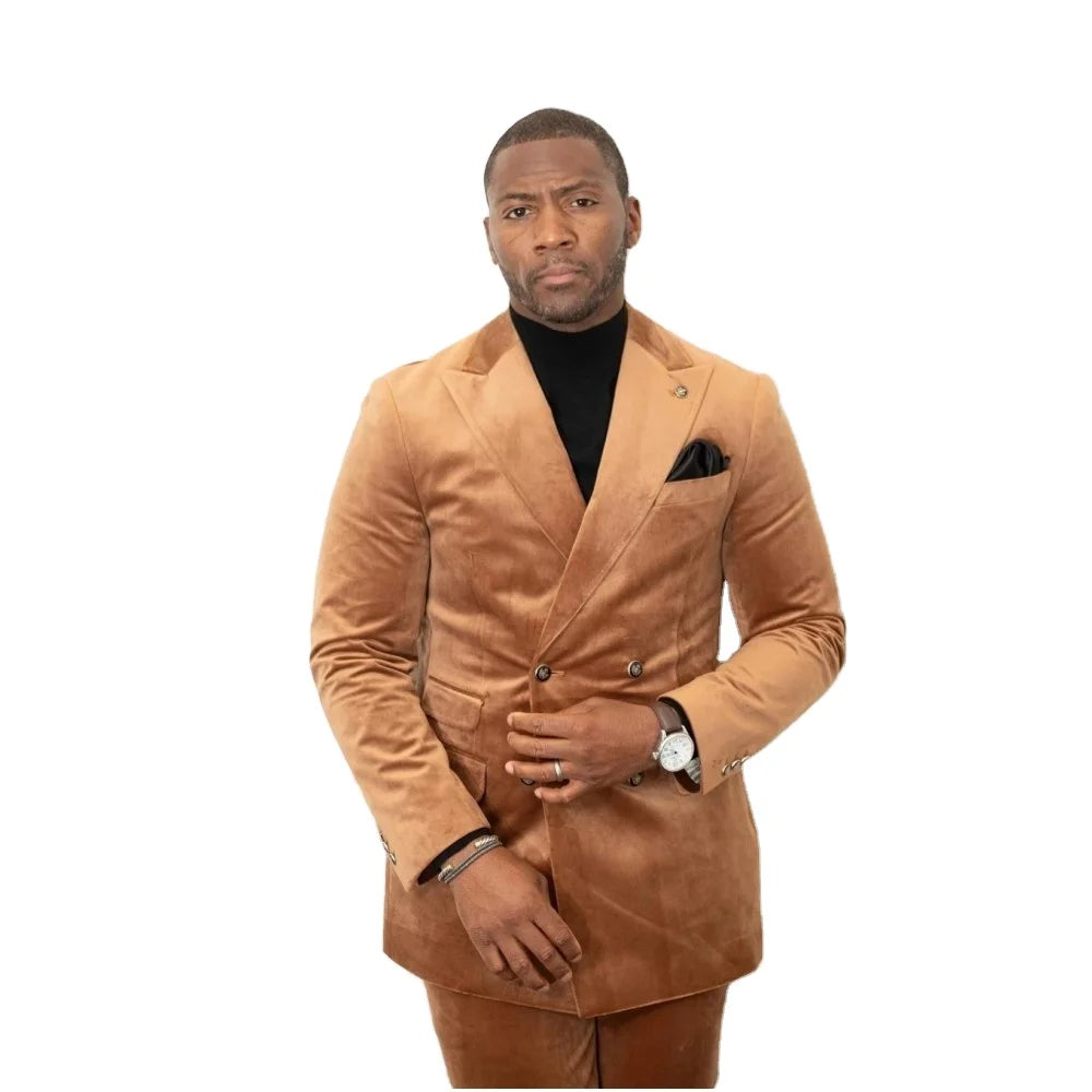 Brown Velvet Men Suit 2 Pieces Double Breasted Peaked Lapel Blazer Pants Formal Wedding Groom Work Dress