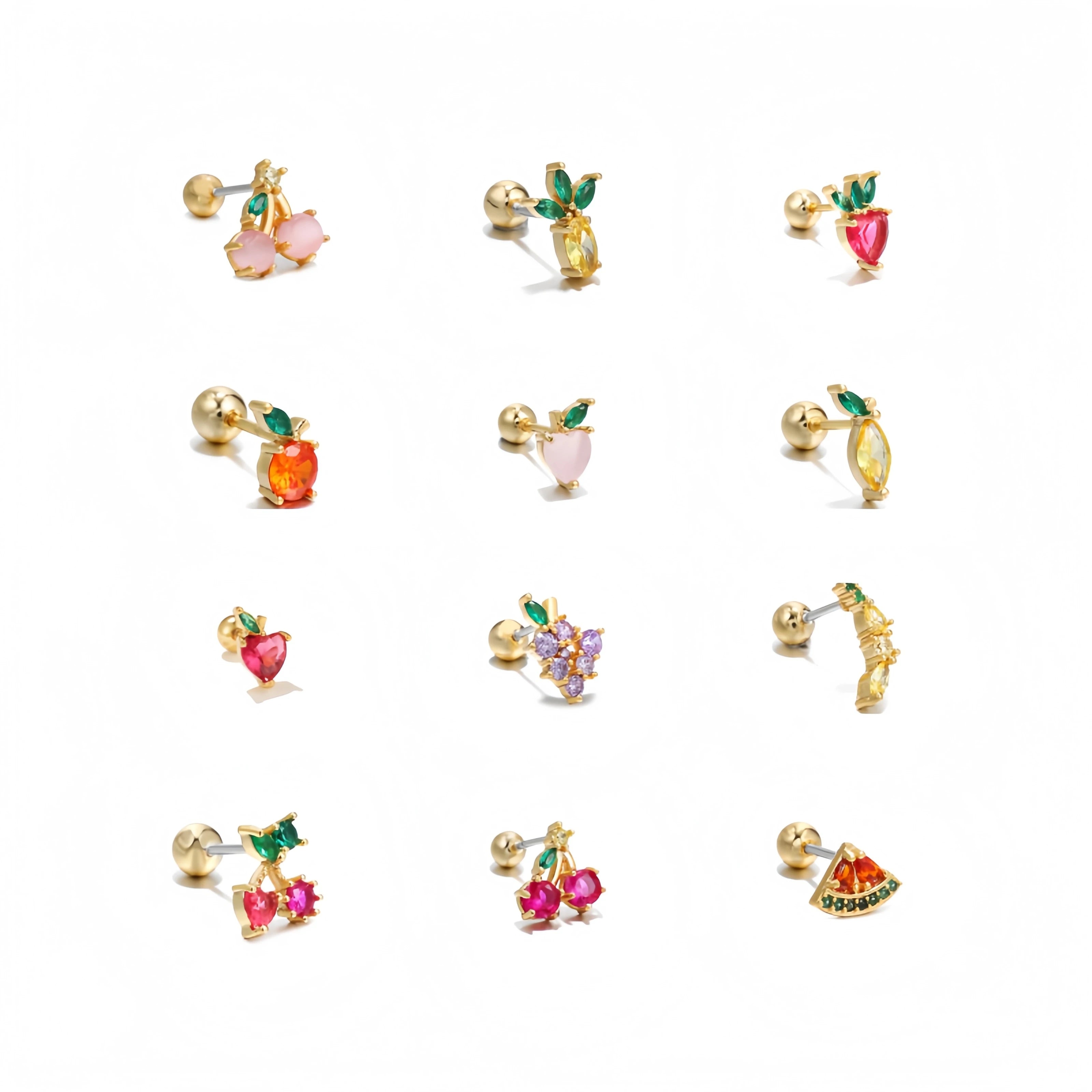 European  American Fashion Piercing Jewelry Colorful Zircon Non-Fading Earrings Screw Twist Ball Piercing Fruit Ear Bone Stud