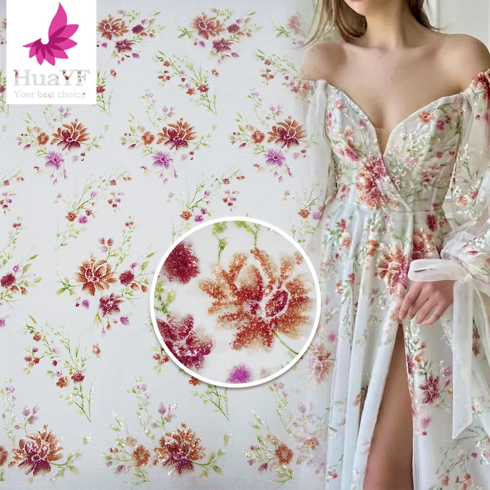 HY2387 Colorful Floral Sequins Lace Fabric Flowers for Clothing
