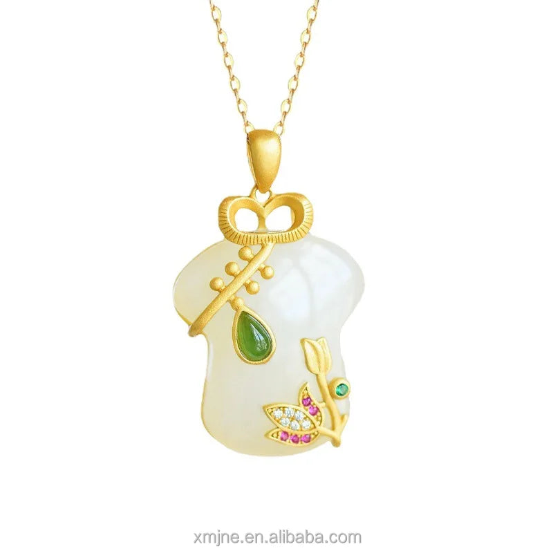 Certified Ancient Silver Gold-Plated Hetian Jade Pendant Cheongsam Women's Gold Inlaid Jade Necklace White Jade
