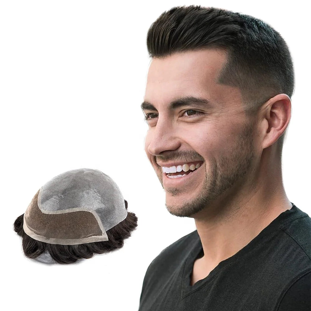 Genuine Hair Lace & PU Base Bio Men Systems 0.06-0.08mm Hair Replacement Men Toupee Natural Hairline Remy Hair Wigs