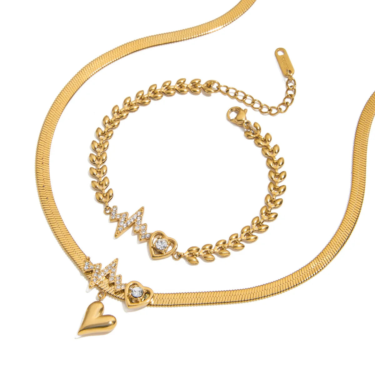 New 18K Gold Plated Jewelry Sets Stainless Steel Jewelry Set Romantic Hollow Heart Necklace Bracelet with Zircons for Women Gift