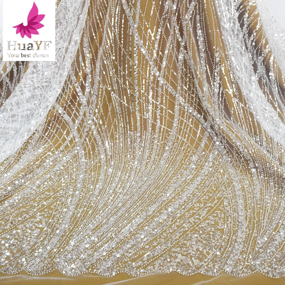 Exclusive Luxury White French 3d Beads Crystal Sequins Super Sparkle African Embroidery Wedding Bridal Lace Dress Fabric HY1567