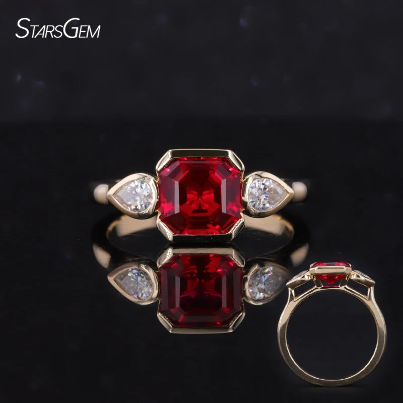 Hot Sale Low Price Moissanite Jewelry Asscher Cut Lab Grown Sapphire Ruby 3 Stones Engagement Ring