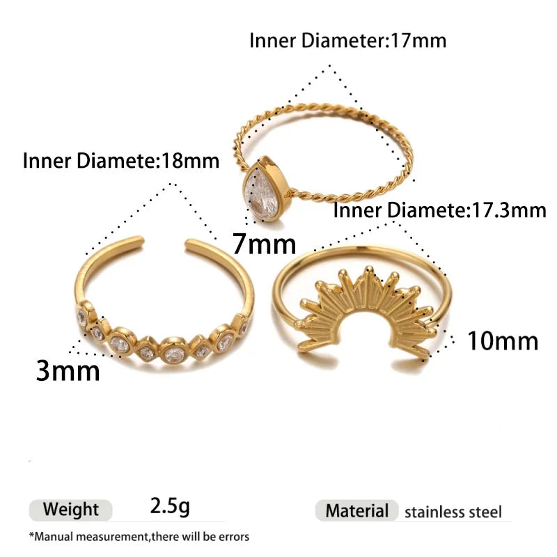 Luxury 18K Gold Plated Stainless Steel Waterproof Jewelry Cubic Zirconia Open Ring