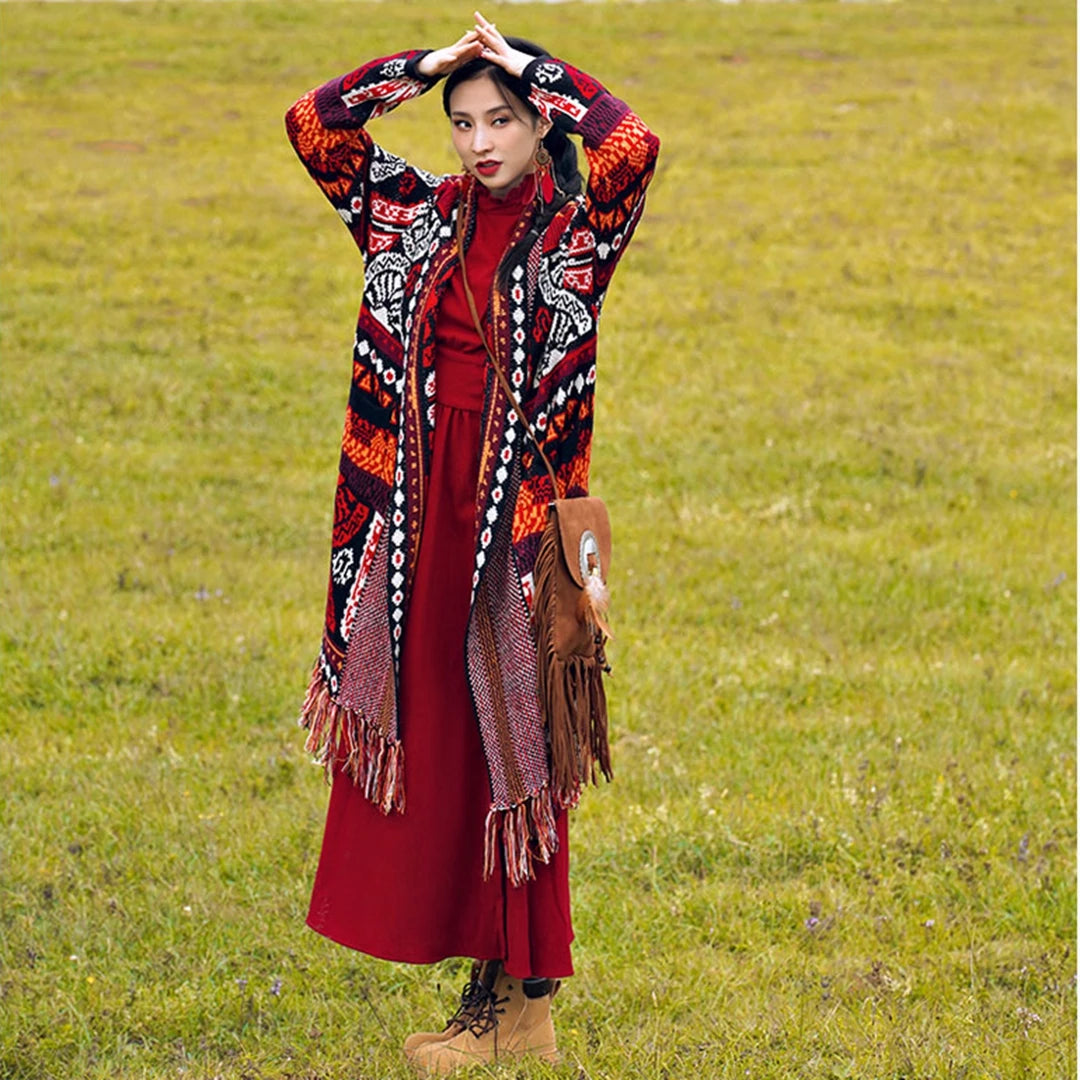 Women Autumn New Design Long Sleeves Bohemian Jacquard Long Style Vintage Red Casual Sweater Tassel Cardigan