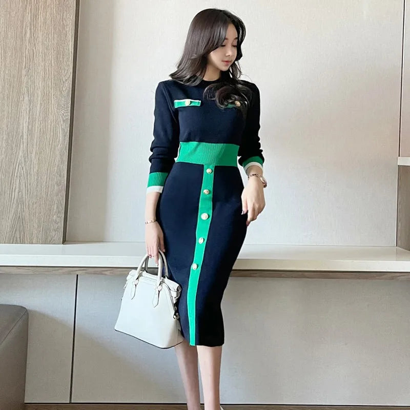 Boutique Wholesale 2025 Spring New Fashionable Korean Style Slimming Color Blocked Single Breasted Knitted Women's Dress