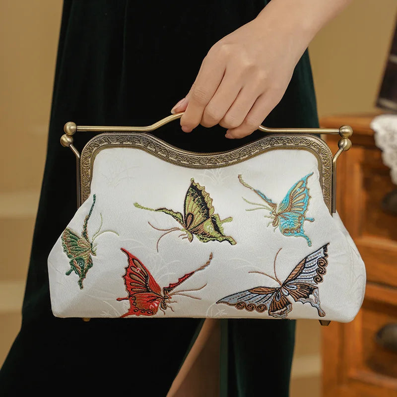 Women's Polyester Clutch Handbag with Ancient Style Embroidered Butterfly Lotus Shell Button 1-2L Capacity for Banquet Cheongsam