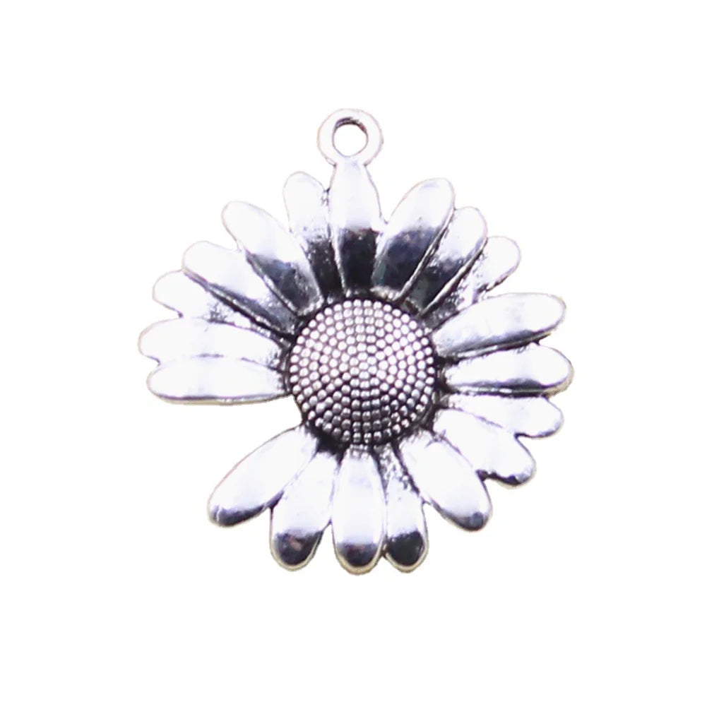 Daisy Flower Sunflower Charms Antique Silver Color Alloy Charms Pendant for Jewelry Making 28x26MM