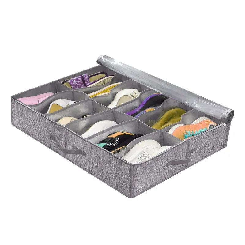Heavy Duty 12 Cells Underbed Shoe Storage Bag with Clear Lid Under Bed Shoes Tidy Organiser Foldable Fabric Holder Closet