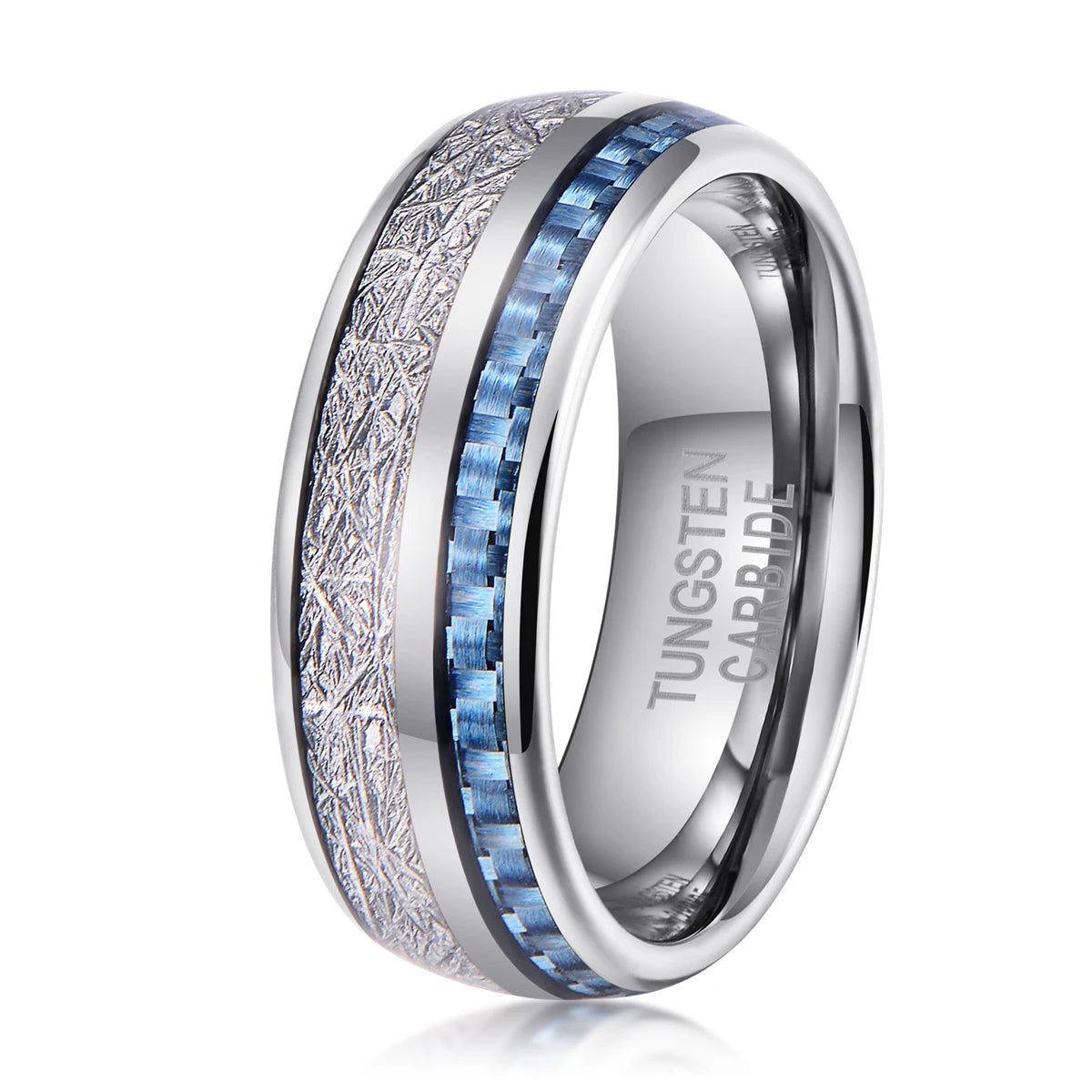 Fast Shipping Domed Shape Inlay Blue Carbon Fiber Tungsten Meteorite Ring Blue Men Rings Tungsten Fashion Bands Rings