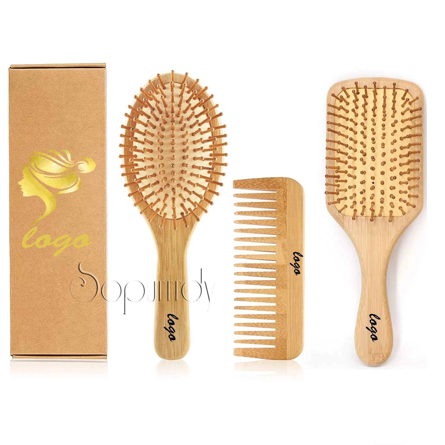 Customized logo Eco-friendly Bamboo and Wood Comb Set Biodegradable Long Handle Natural Bamboo and Wood Massage Brush