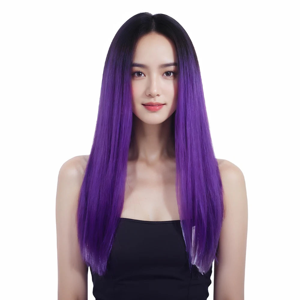 Ombre Colored Kinky Straight Synthetic Fiber Wigs with Middle Part - Heat Resistant Fibre Pre Plucked for Women's Party