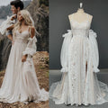 8853# Boho Sweetheart A-Line Spaghetti Straps Puff Sleeves Backless Beach Sweep Train Lace Bohemian Wedding Dress Bridal Gown