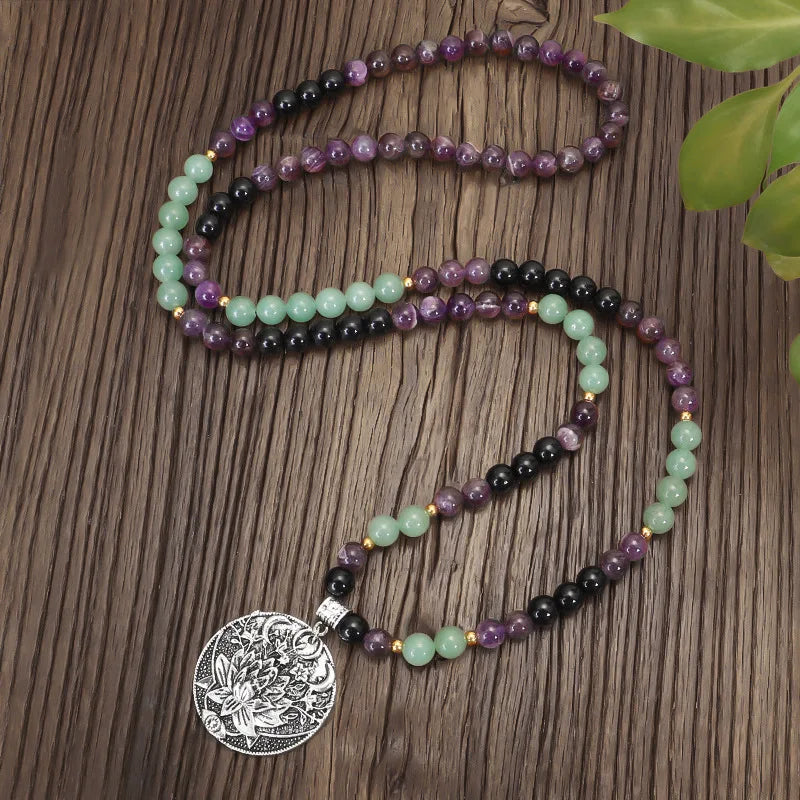 Wholesale 8mm Natural Amethyst Aventurine Stone 108 Mala Crystal Gemstone Beads Necklace With Lotus Flower Pendant for Man Women