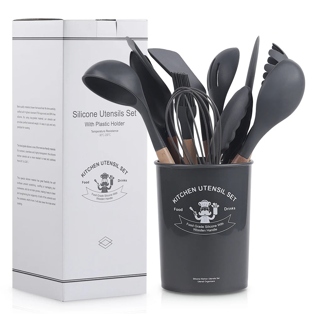 12 Pieces in 1 Set Silicone Kitchen Accessories Cooking Tools Kitchenware Cocina Silicone Kitchen Utensils With Wooden Handles