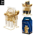 Wholesale 24pcs Stainless Steel Ceramic Handle Flatware Knife Fork Spoon Gold Luxury Cutlery Set with Luxury Stand Rack