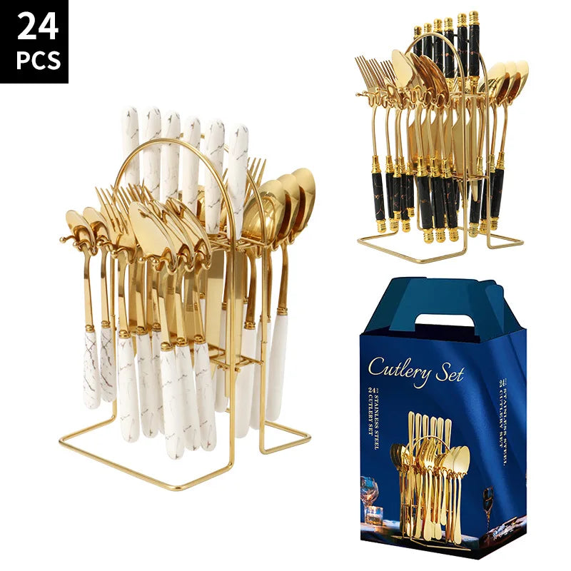 Wholesale 24pcs Stainless Steel Ceramic Handle Flatware Knife Fork Spoon Gold Luxury Cutlery Set with Luxury Stand Rack