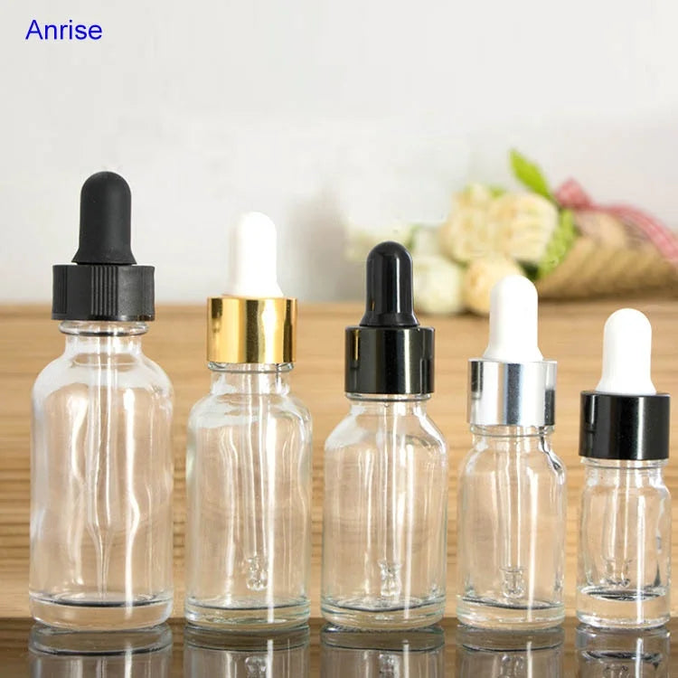 5ml 10ml 15ml 20ml 30ml 50ml 100ml Empty Transparent Clear Glass Essential Oil Dropper Bottle with Black Aluminum Dropper Lids