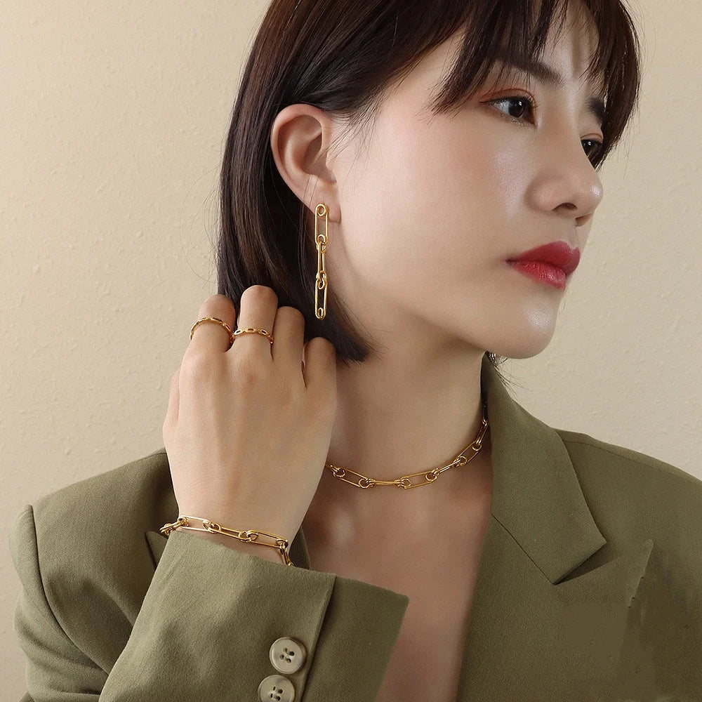 French Fashion Stainless Steel 18k Gold Paper Clip Pin Chain Necklace Bracelet Ring Earring Jewelry Set Wholesale Spot
