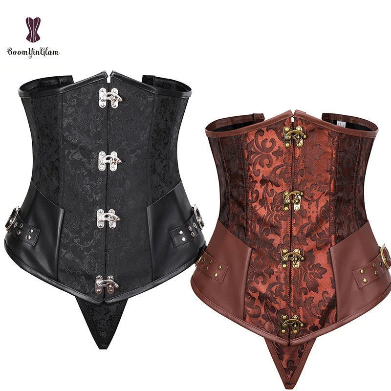 Women's Steampunk Gothic Faux Leather 12 Steel Bone Underbust Corset Top Cupless Bustier Firm Control Plus Size S to 6XL