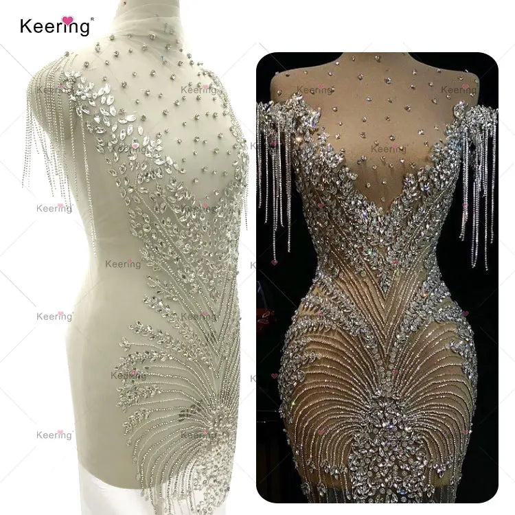WDP-362 2024 Popular Silver Shining Patch Embellishments Crystal Bodice Rhinestone Applique for Party Dress