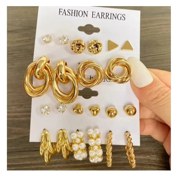 VKME Fashion Pearl Stud Earrings Set Gold Plated Screw Twisted Alloy Earring Smooth Chunky Hoop Earrings for Women