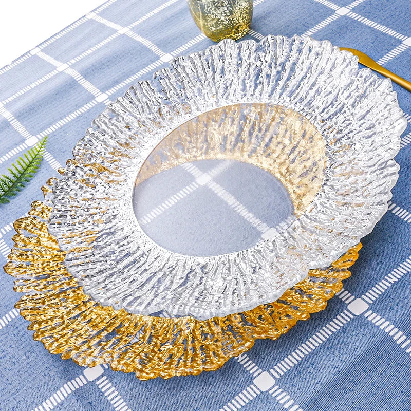 Nordic Modern Eco-Friendly Glass Plate Household Kitchen Creative Tree-Patterned Gold Ribbed Edge Charger for Color Enamel