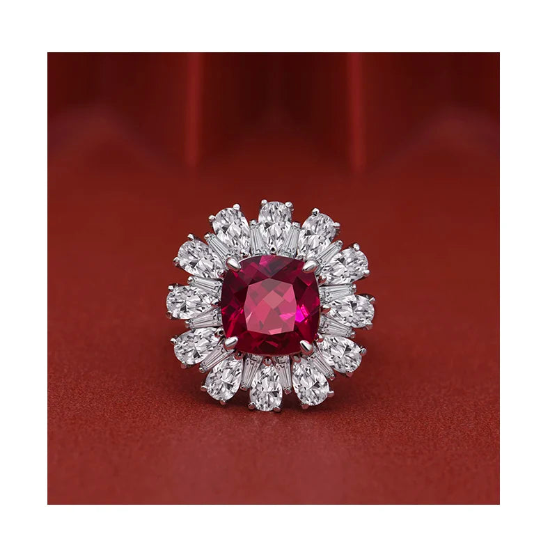 Vintage Style Luxury 9*9mm Red Ruby Main Stone Zirconia Micro Pave Halo Ring 925 Silver Wedding Ring