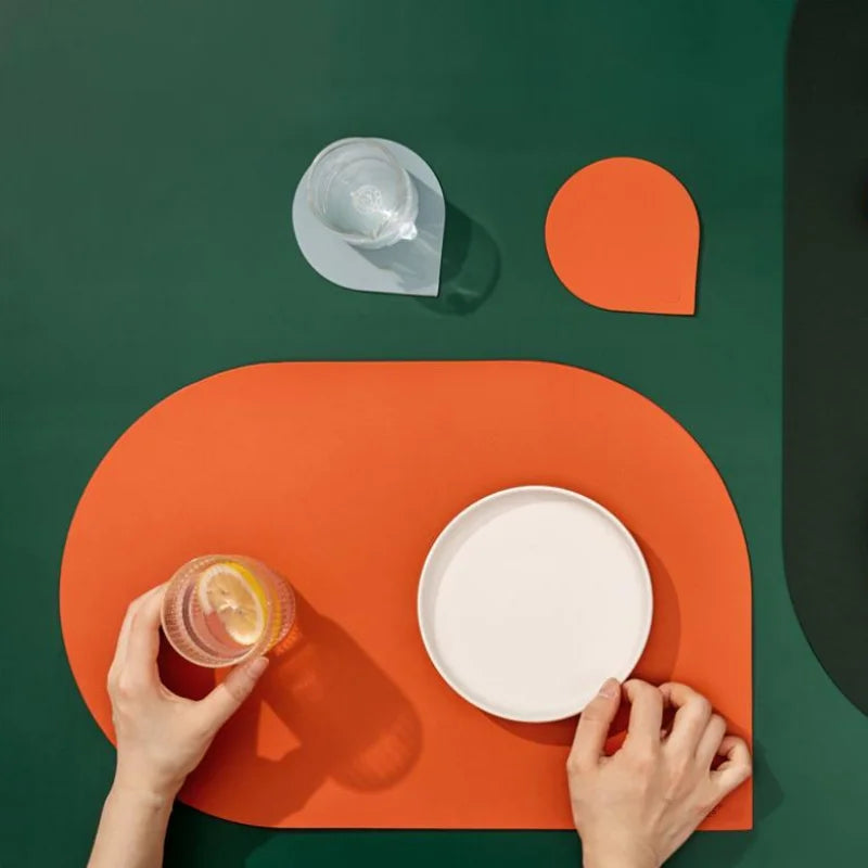 Leather Placemat Tableware Pad Oil Water Resistant Heat Insulation Non-Slip Tablemat Coaster Set
