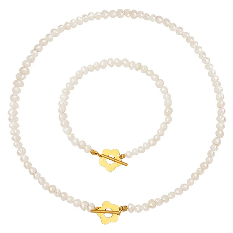 Wholesale Woman Luxury Jewelry Set Stainless Steel Flower Shape Charm Pearl Chain Bracelet and Necklace for Sale