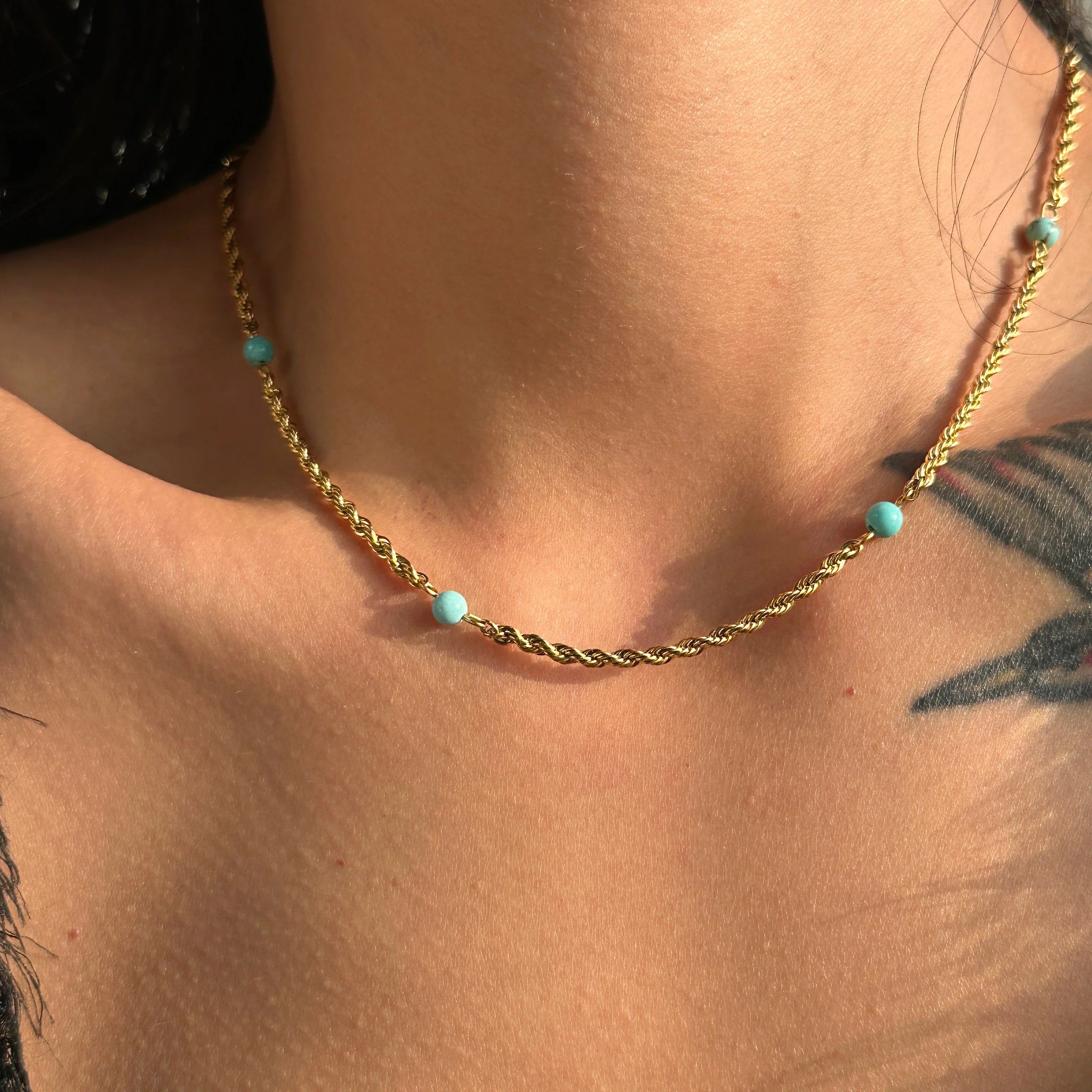 Dazan New 18k Gold Plated Tarnish Free Stainless Steel  Modern Blue Amber Fried Dough Twist Chain Necklace Handmade Jewelry
